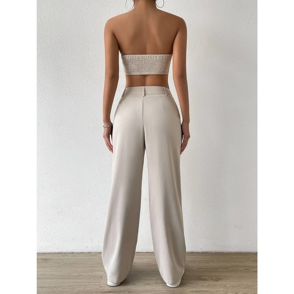 2 piece set: Solid Tube Top crop top & Wide Leg dress Pants cream - Picture 2 of 11